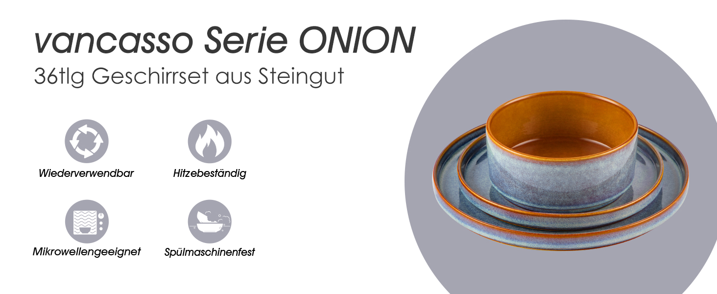 Набір посуду Vancasso Steingut, 24 елементи, на 8 осіб. Комплект тарілок, салатників та супниць. Якісний сервіз з тарілками для їжі, салату та супу. Дизайн натхненний галактикою, серія ONION (синій, 36 елементів)