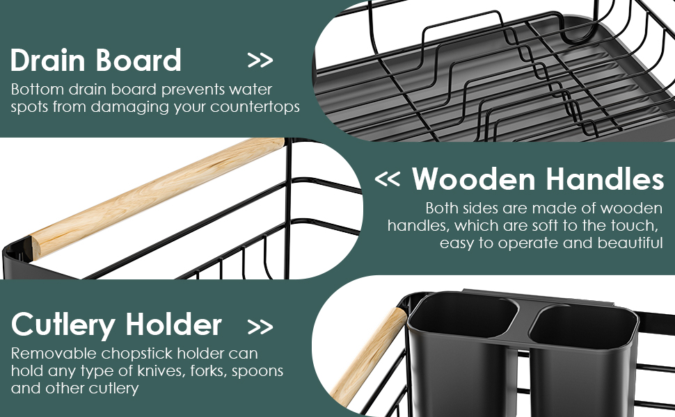 Сушарка для посуду Dreamhigh® з піддоном та контейнером для столових приборів, чорна, 43x30.5x14 см, для 3-5 осіб