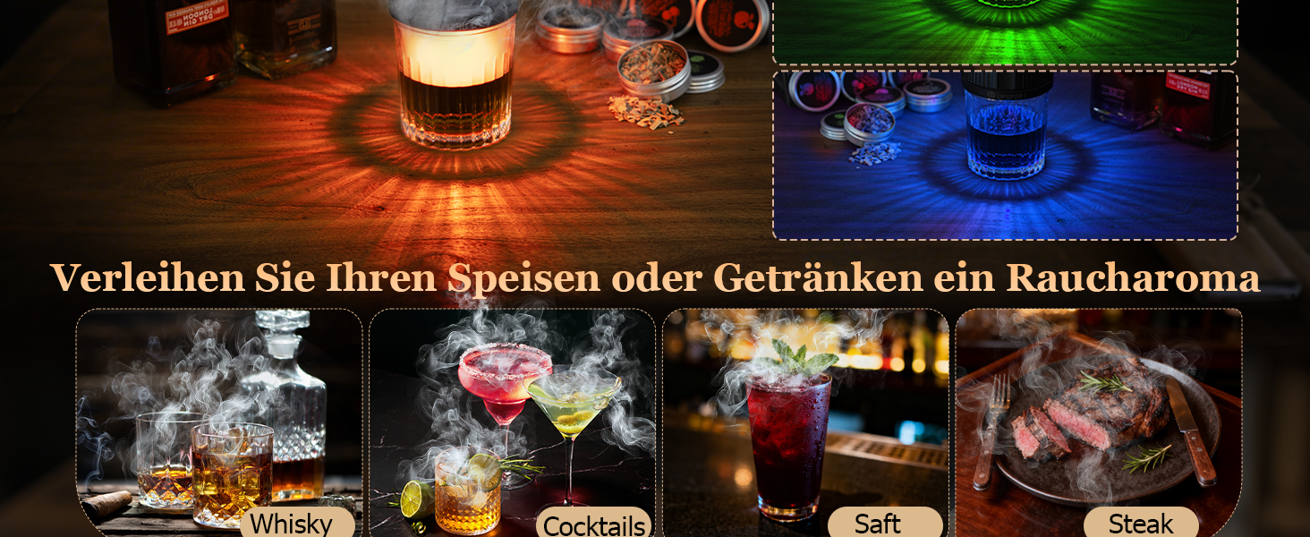 Електричний набір для копчення коктейлів з 4 режимами підсвічування, перезаряджуваний набір для диму з віскі, 6 дерев'яних стружок, без бутану, подарунок на Різдво/День народження для чоловіків, батьків, чоловіків FY01