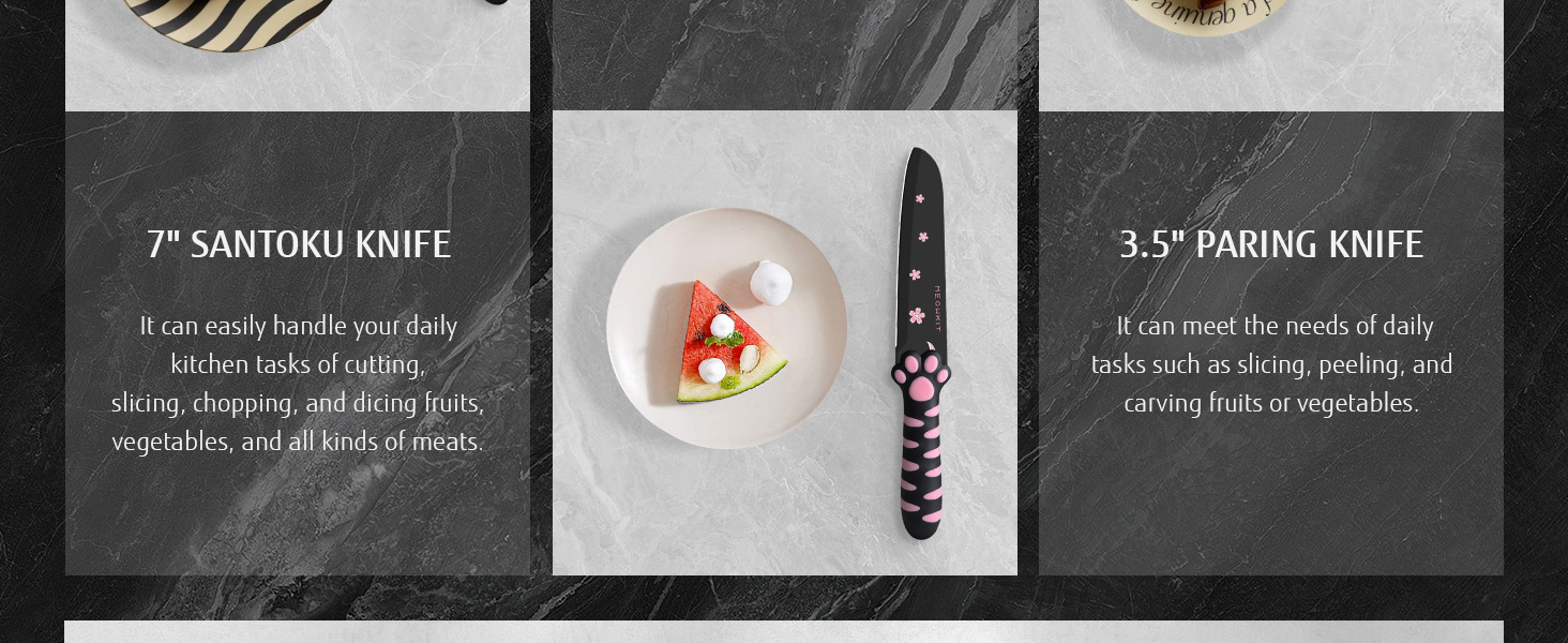 Набір кухонних ножів MEOWKIT 5 шт. з підставкою, нержавіюча сталь, набір ножів у формі котів, чорний/рожевий