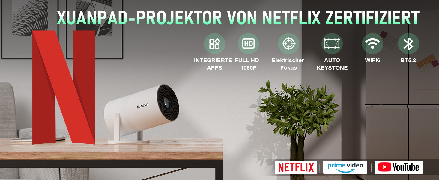 XuanPad Проектор з WiFi та Bluetooth, 30000L, 1080P, Автофокус AI, Поворотний на 210°, Автоматична корекція Keystone, Система видалення пилу та охолодження, Сертифікований Netflix