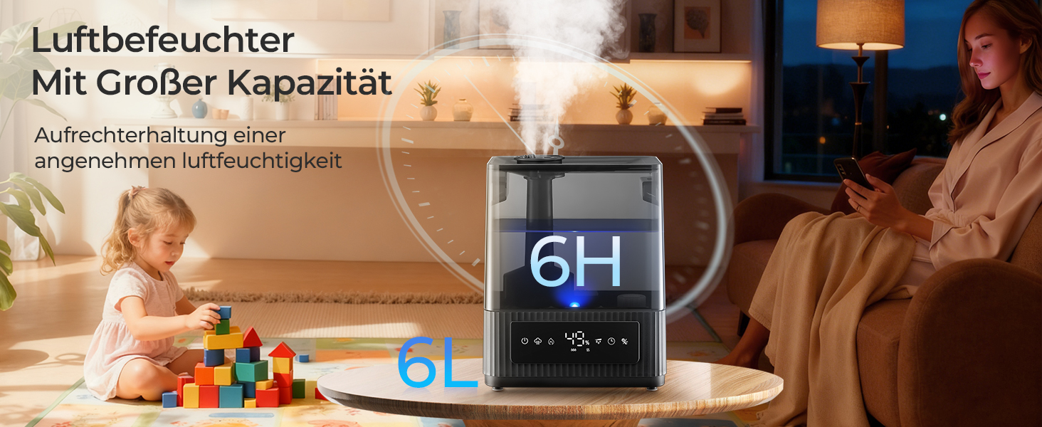 Ультразвуковий зволожувач повітря на 6л для великих кімнат, дитячої та спальні: безшумний холодний випарник з датчиком вологості, аромадифузором та верхнім заповненням, до 60 год роботи