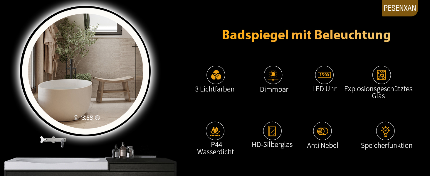 Дзеркало кругле PESENXAN 70 см з чорною рамою та підсвічуванням. Антизапарник, регульоване світло, LED, енергозберігаюче, сенсорне управління, функція пам'яті. 70 x 70 см