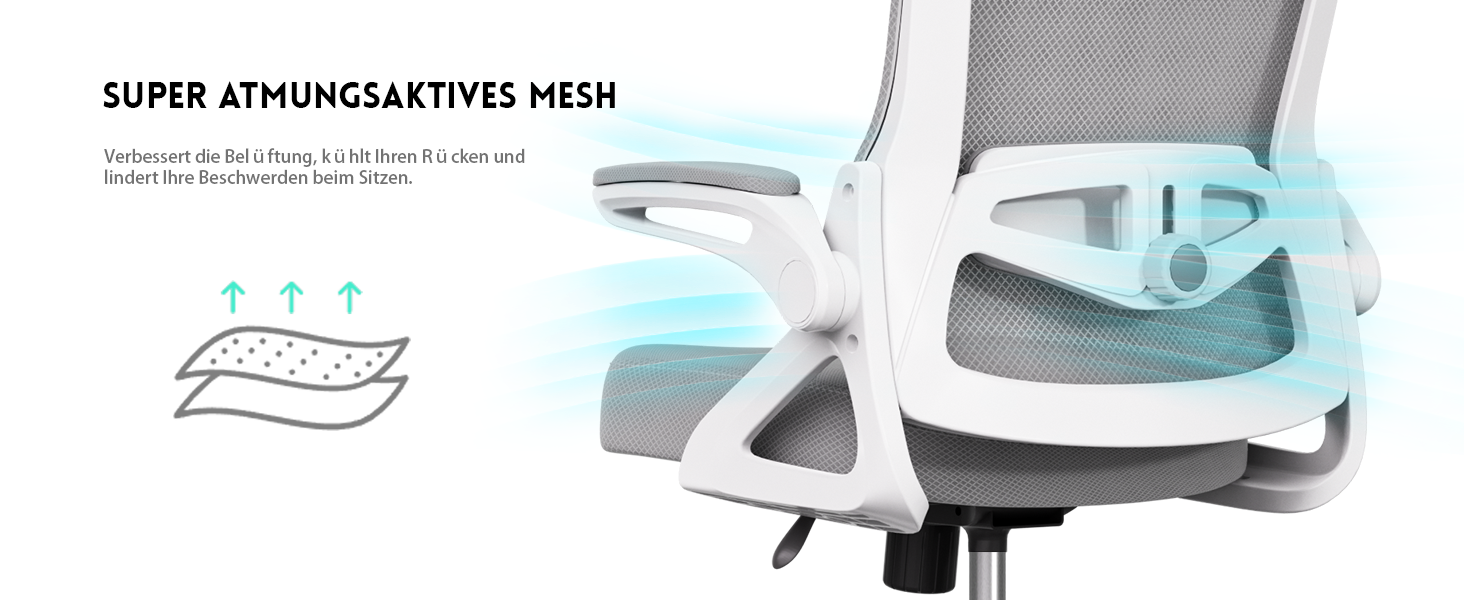 Ергономічне крісло для офісу та геймінгу, широке сидіння, регульовані підлокітники, біло-сіре, 90° підйом підлокітників