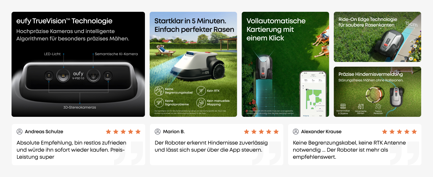 Робот-газонокосарка eufy E15 без дроту, до 800 м², TrueVision, навігація, уникнення перешкод, керування через додаток