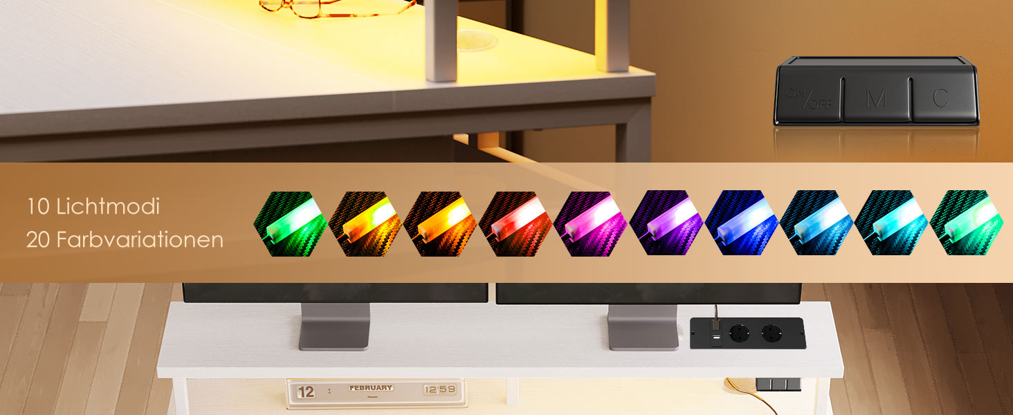 Регульований за висотою стіл OffiGo з 2 висувними ящиками та підставкою для клавіатури, 120 см. Електричний стіл з підставкою для монітора, RGB підсвічування та розетками, білий (120 x 54 см)