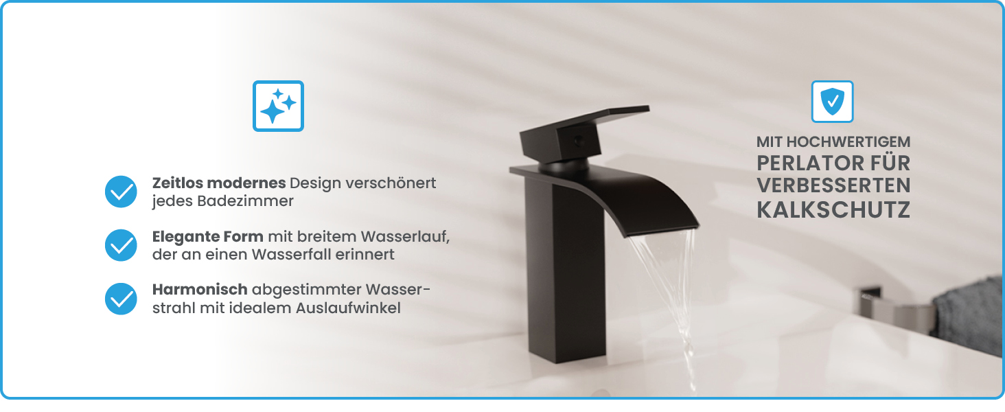 Змішувач для ванної кімнати Bächlein Tamina з водоспадним дизайном, однорідний, з довговічною керамічною картриджі та монтажним комплектом, чорний мат