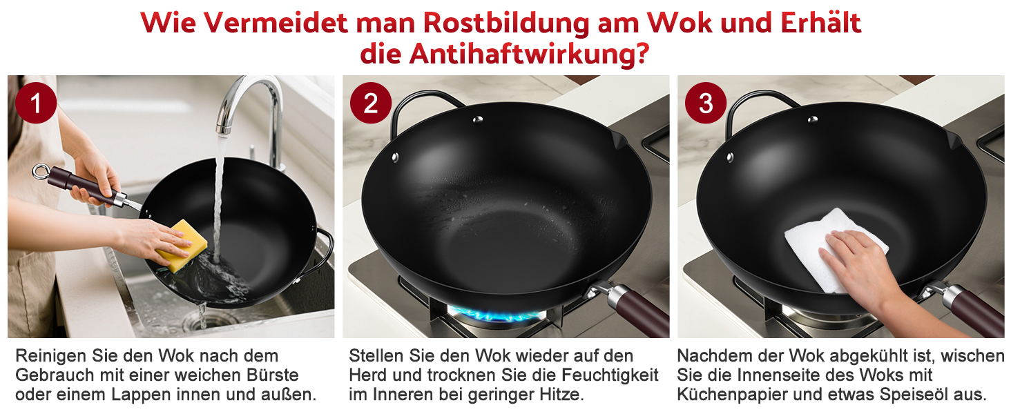 Вок Jobin 32 см з вуглецевої сталі з кришкою, дерев'яним та сталевим ручками, для приготування азійських страв (3-5 осіб), сумісний з Induktion, електро та газовими плитами - Чорний