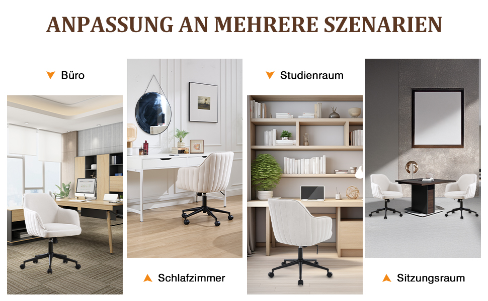 Офісне крісло BERYTH для дому та офісу, з велюру, до 136 кг, регульоване по висоті, поворотне на 360°, з м'якими роликами, для навчання, спальні, домашнього офісу, біле