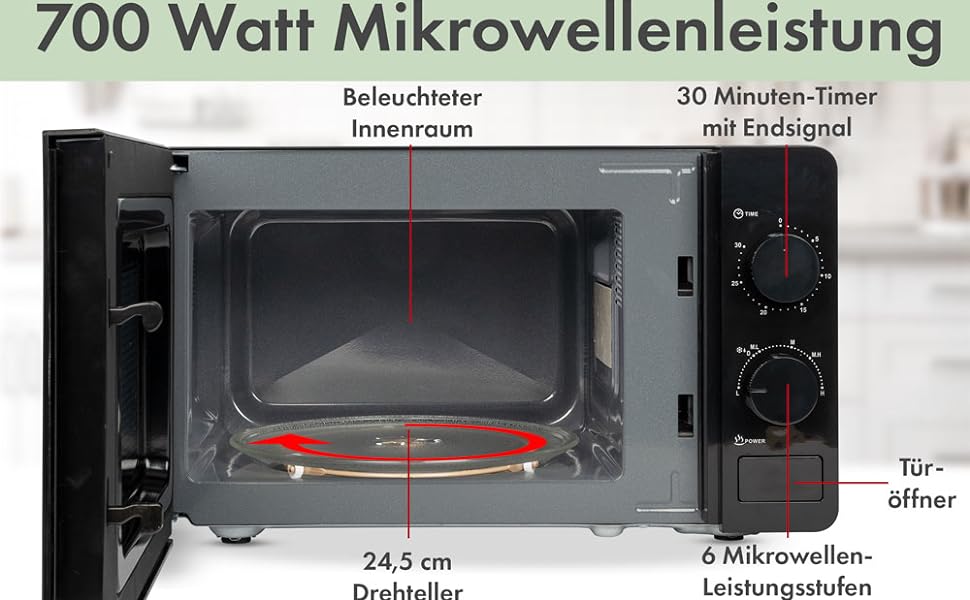 Клатронічна мікрохвильова піч з варильною камерою 20 л і освітленням варильної камери Мікрохвильова піч з 6 рівнями потужності Мікрохвильова піч з таймером на 30 хвилин Мікрохвильова піч з поворотним столом Ø24,5 см 700 Вт MW 791 чорний