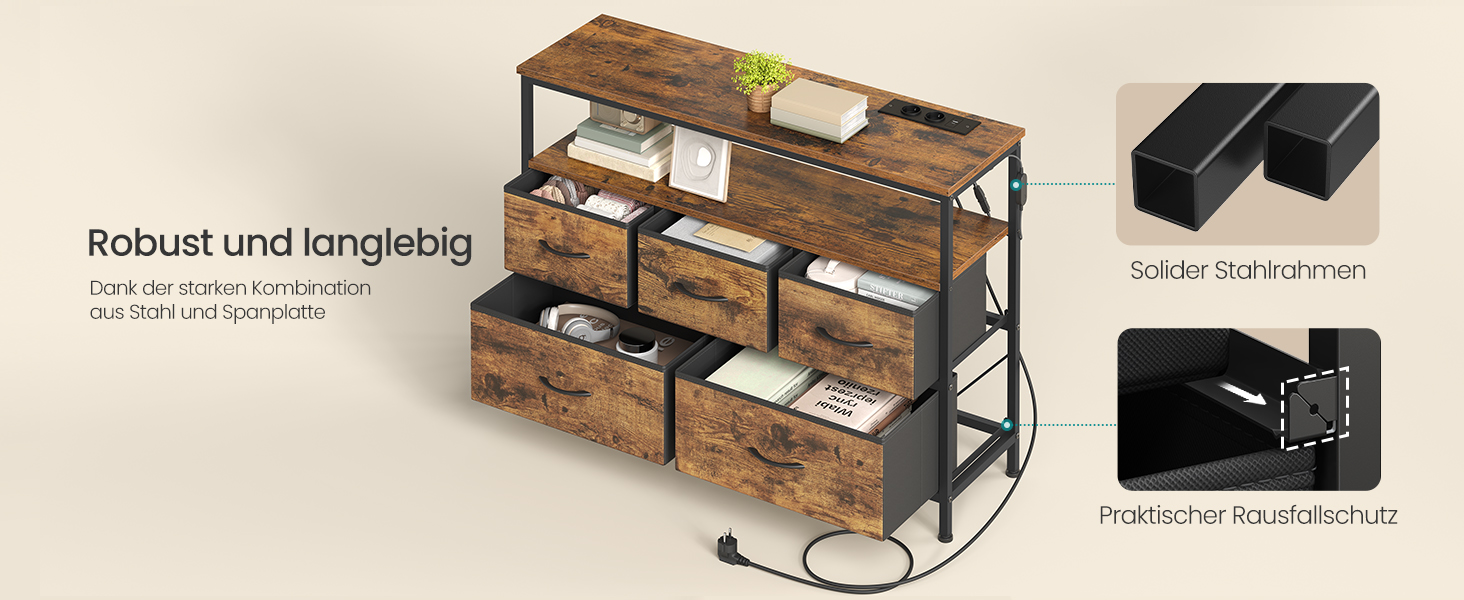 SONGMICS BELLAH: Комод з LED-підсвіткою, тумба з бездроговою зарядкою, 5 шухляд, індустріальний стиль, vintage brown + ink black