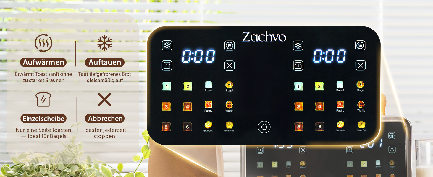 Тостер нержавіюча сталь на 4 тости з сенсорним дисплеєм та LED-таймером, 2 зони підсмажування, широкі слоти для хліба та бубликів, 6 програм, решітка для булочок та тримач для сендвічів