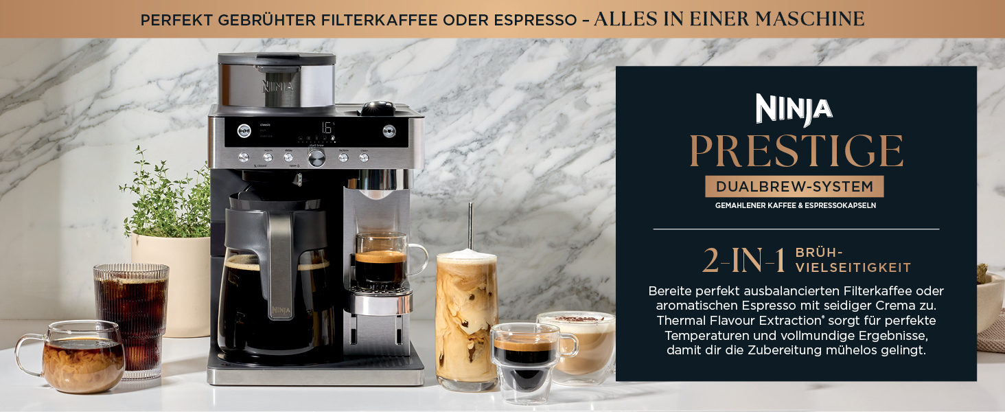 Кавомашина Ninja Prestige 2-в-1 для фільтр-кави та капсул з вбудованим капучинатором, для лате, айс-кави та флет вайт, чорна CFN802EU