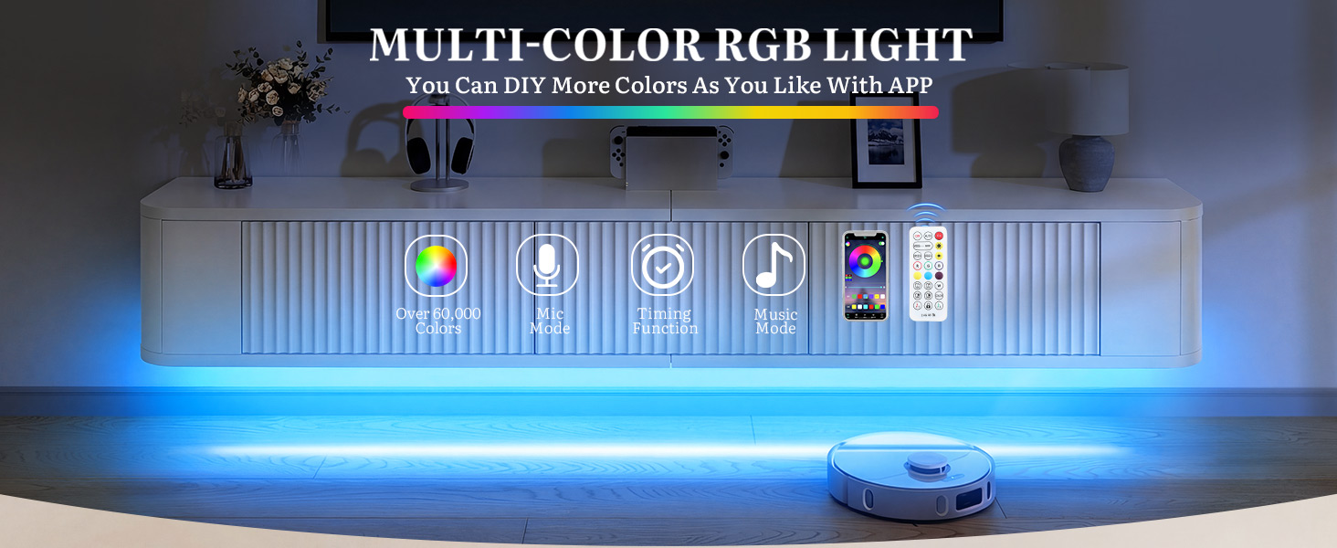 Підвісний TV-тумба YITAHOME 140 см з RGB LED підсвіткою, біла глянцева медіаконсоль для вітальні та спальні (180x25x20 см)