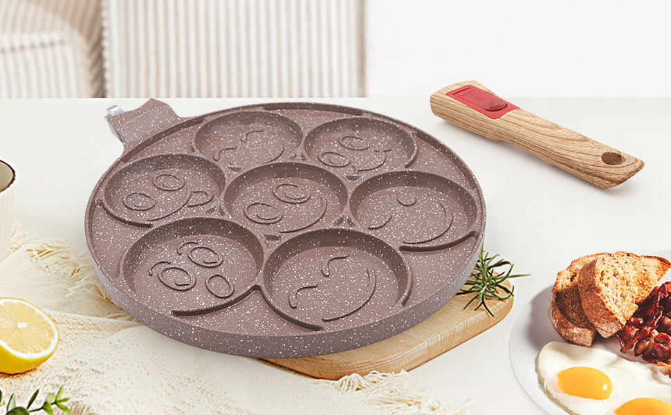 Пан для млинців з антипригарним покриттям, 7 отворів, знімний ручка, для приготування яєць та дитячого сніданку (Колір: Коричневий, для індукційних плит)