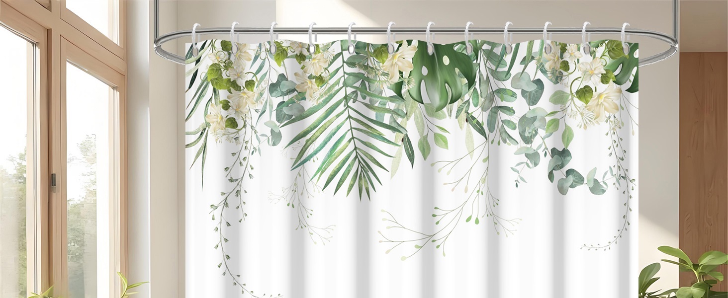 Штора для душу 180x220 см, Антигрибкова, з тропічним дизайном (пальмові листя, евкаліпт, гриби), водонепроникна, поліестер, для ванної кімнати, з 12 гачками, зелена