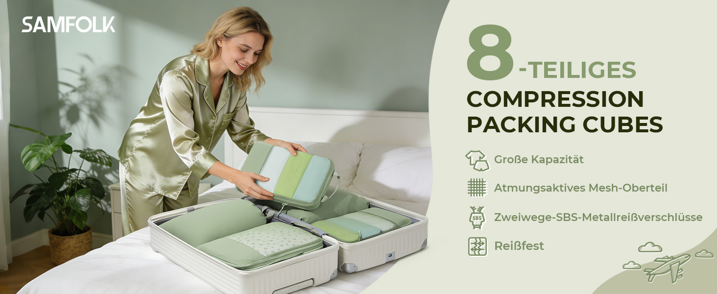 Набір компресійних органайзерів для одягу в подорожі 8 предметів, дорожні сумки-пакувальники для валізи та рюкзака, Matcha Green