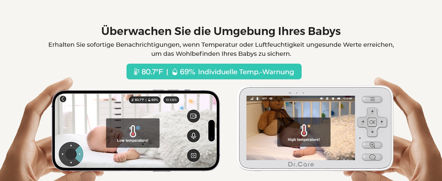 Відеоняня Dr.Care VistaView Lite WLAN з App-керуванням, Full HD 1080P камера, розділений екран 720P, датчик руху та ІК-нічний зір (монітор 4