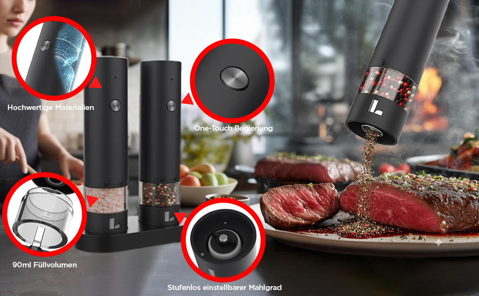 Електрична мельниця для перцю та солі LUNARIA [PREMIUM] – набір, перезаряджувана, регулювання помелу, високоякісний дизайн для кухні та столу