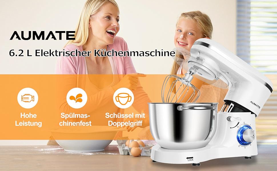 Кухонна машина AUMATE 1400W з міксером, гаком для тіста та набором насадок (6.2 л, порцеляна)