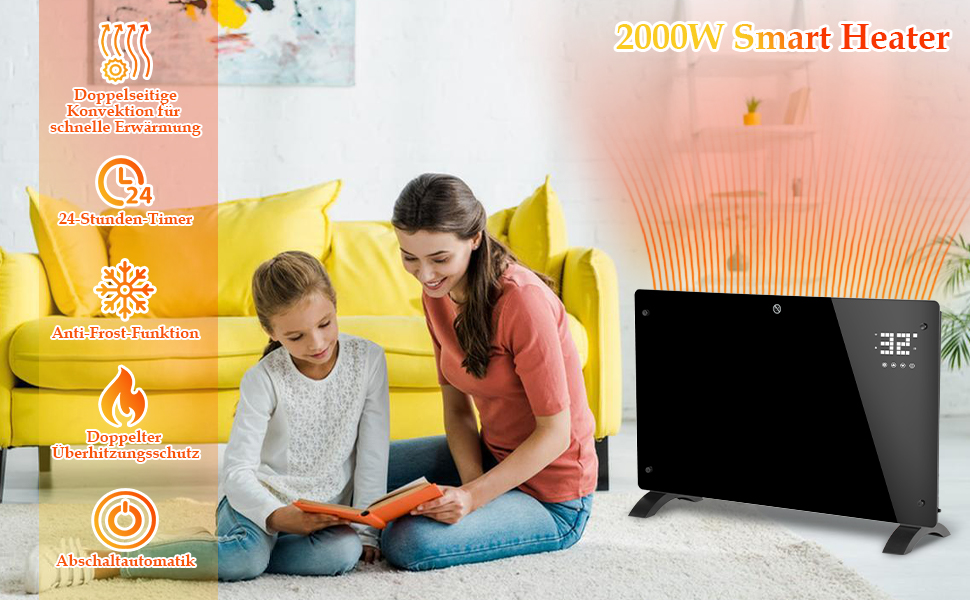 Електричний конвекторний обігрівач Ikodm 2000W з пультом керування та термостатом, енергозберігаючий, тихий, для дому