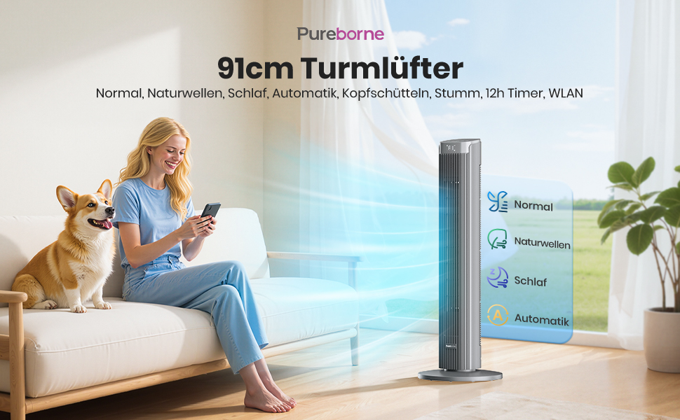 Турбовентилятор Leiser з осциляцією 90°, пульт дистанційного керування та Wi-Fi, 4 швидкості та 4 режими, таймер 12 годин, сірий, 91 см