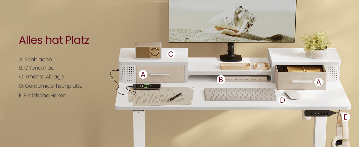 Електричний регульований стіл VASAGLE 120x60 см, білий, з підставкою для монітора, USB-роз'ємами, пам'яттю висоти