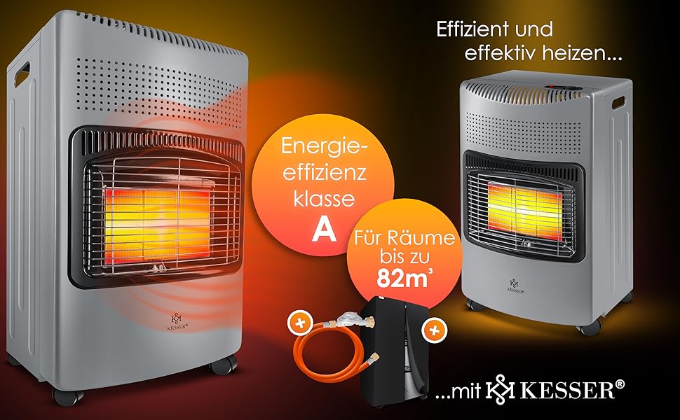 Газовий обігрівач KESSER® 4200W з керамічним нагрівачем, газовий опалювач, інфрачервовий нагрівач, для будинку та на вулицю, сумісний з бутаном/пропаном (до 15кг), сірий, з регулятором тиску, шлангом та захисним кожухом