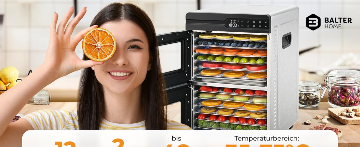 Електрична сушарка для фруктів та овочів Balter з нержавіючої сталі, 12 ярусів, 1100 Вт, 70 л, 12000 см² поверхні сушіння, BPA-free, 35–75 °C, таймер до 72 год, 2 камери