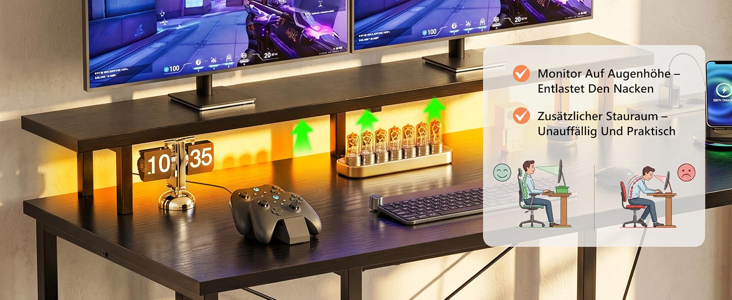 Кутовий ігровий стіл YOUDENOVA L-подібний з LED-підсвіткою, 4 шухлядами, розеткою та полицею для монітора, чорний, 142x107 см