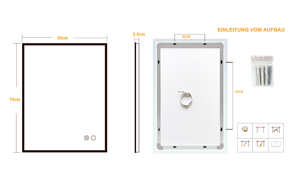 Дзеркало для ванної кімнати Puchika з підсвіткою LED, 50x70 см, регульоване, 3 колірні температури (3000-6400K), IP44, без запотівання, сенсорне керування