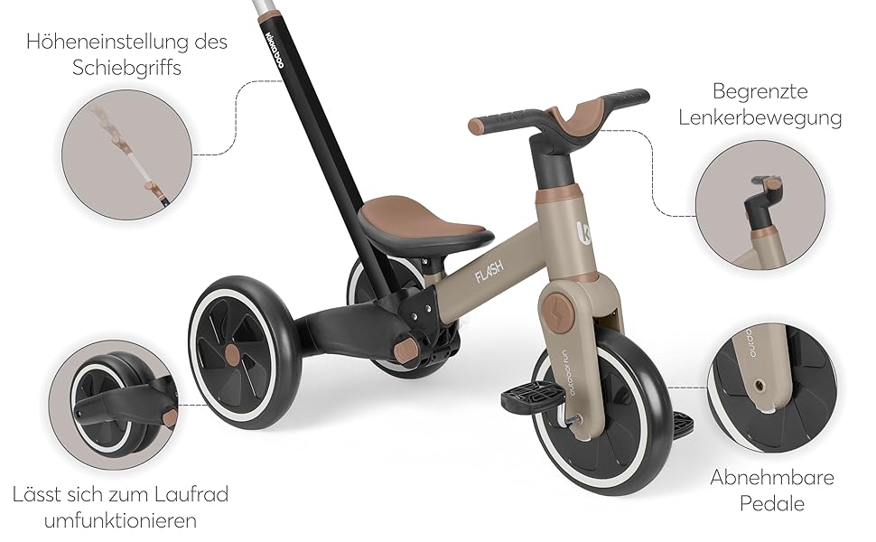 KikkaBoo Flash 5-в-1: Біговел/Триколісний велосипед для дітей від 18 місяців, сталевий каркас, EVA колеса, регульована ручка, сірий