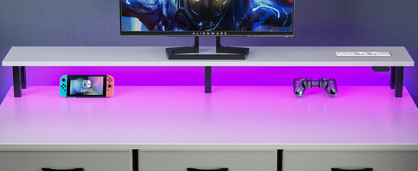 Комп'ютерний стіл Rolanstar з ящиками, розетками та LED підсвіткою, геймінговий стіл з підставкою для монітора, полиця та 2 гачки, для офісу та вітальні (білий, 100x47x90,5 см)