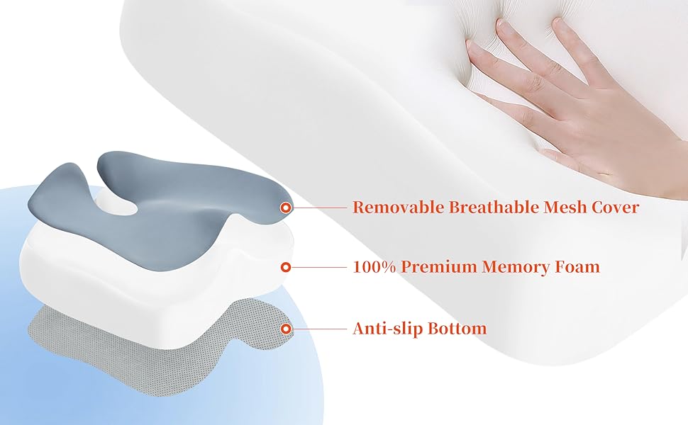 Подушка для сидіння з піни Memory Foam: ергономічна подушка на стілець та в авто, сіра, дихаючий чохол, знімний, антиковзкий