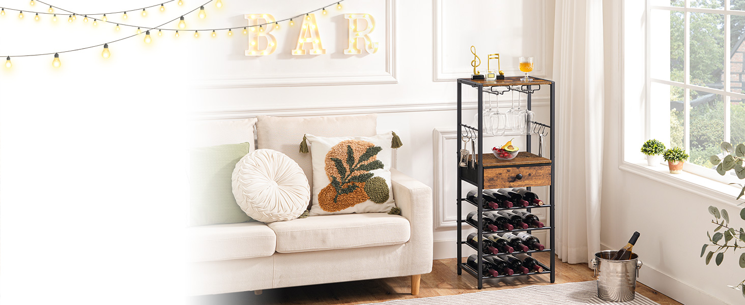 Стильна полиця для вина HOOBRO на 16 пляшок з 6 ярусами, з шухлядою, органайзер для вин, дерев'яний винний стенд, 40 x 30 x 102 см, вінтажний колір