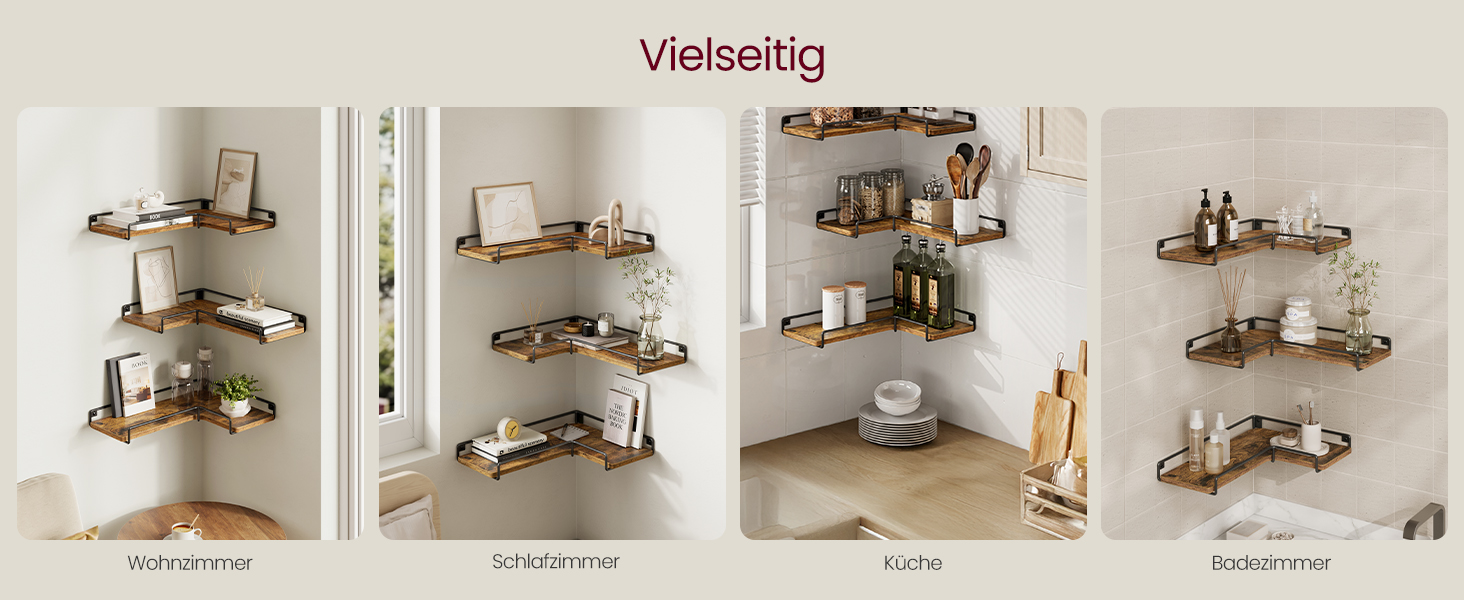 Набір кутових настінних полиць VASAGLE L-подібні, індустріальний стиль, для вітальні, спальні та кухні, вінтажний коричневий та чорний, 3 шт. (LLS831B01)