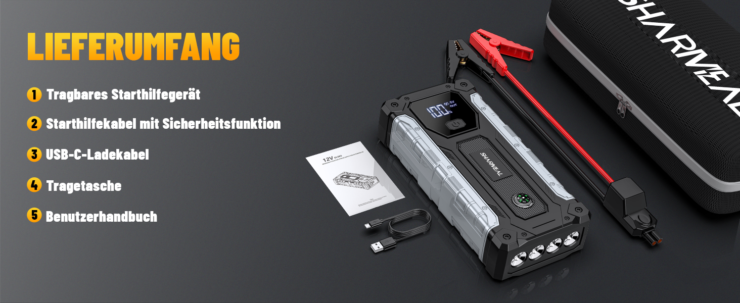 Powerbank для авто SHARMEAL 6000A: старт для бензинових та дизельних двигунів (до 10 л), 12V, LCD, LED ліхтарик