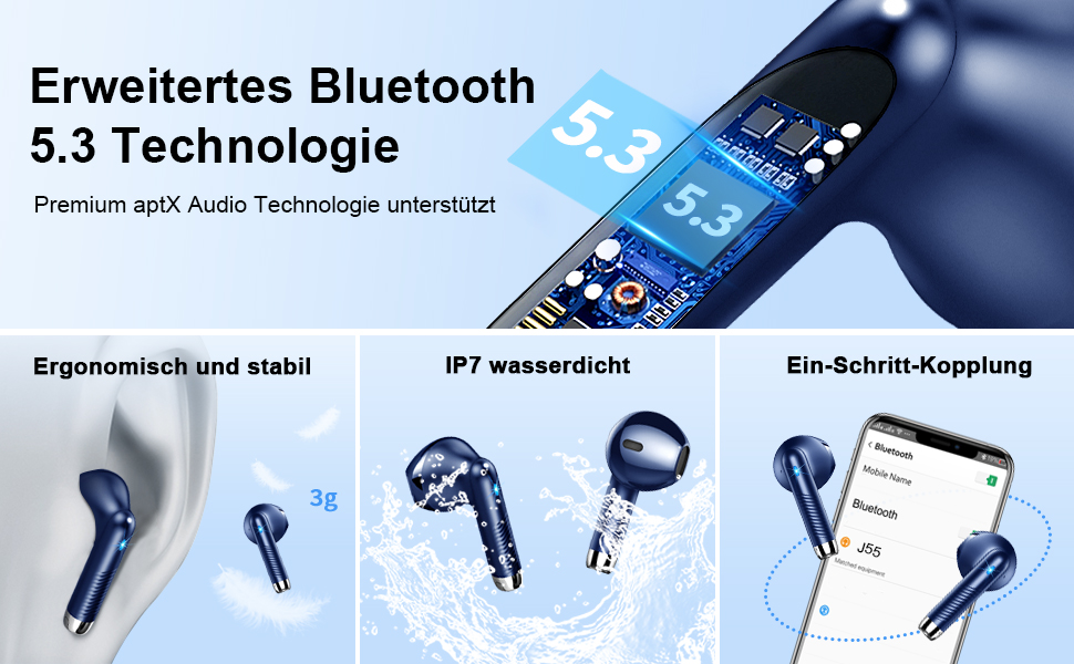 Навушники-вкладиші Drsaec Bluetooth 5.3, бездротові, 4 мікрофони, шумозаглушення ENC, 48H, IP7, USB-C, синій