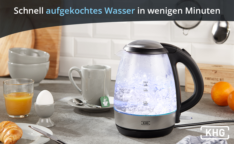 Склянка для чайника KHG WK-1715GES. Світлодіод, 1,7 літра, фільтр від накипу, захист від википання та автоматичне вимкнення, прихований нагрівальний елемент, без бісфенолу А, 2200 Вт (1200 мл)
