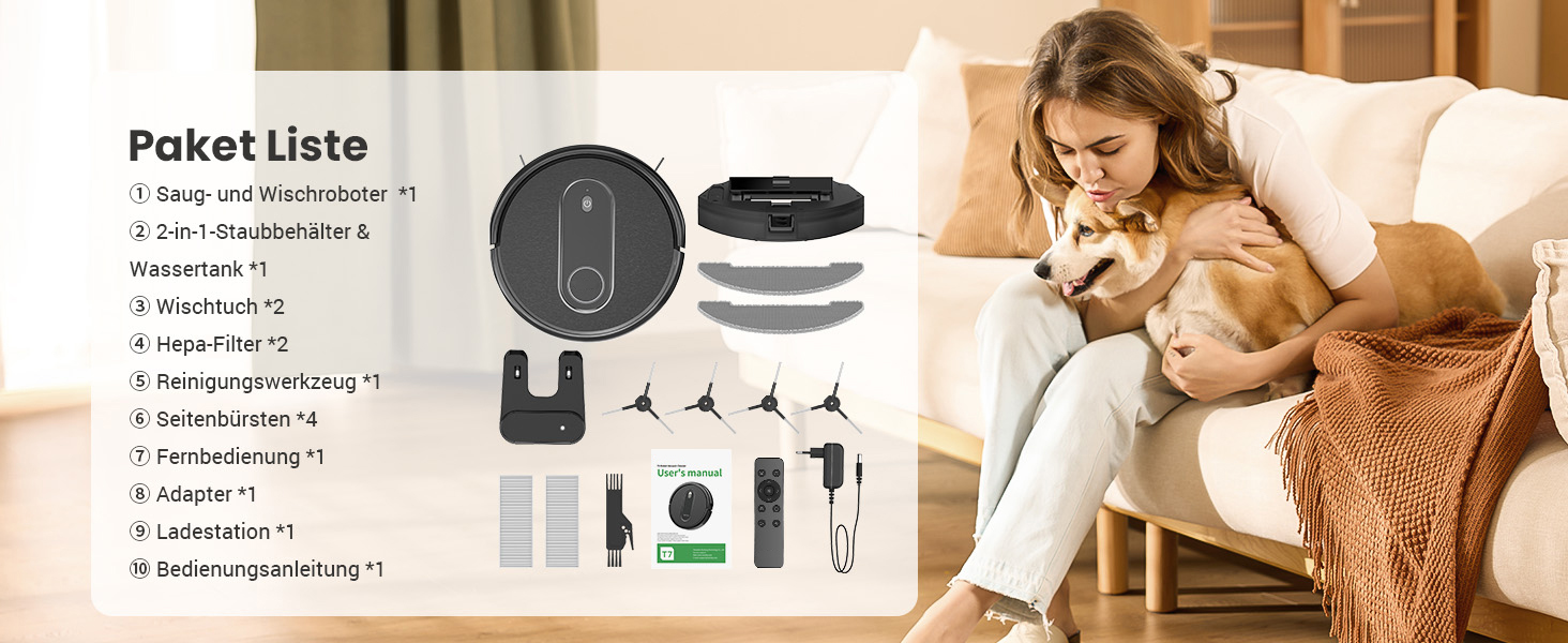 Робот-пилосос з функцією миття 2 в 1, потужність всмоктування 3000Pa, час роботи до 120 хвилин, 4 режими прибирання, робот-пилосос для видалення шерсті тварин з Aquacontrol™