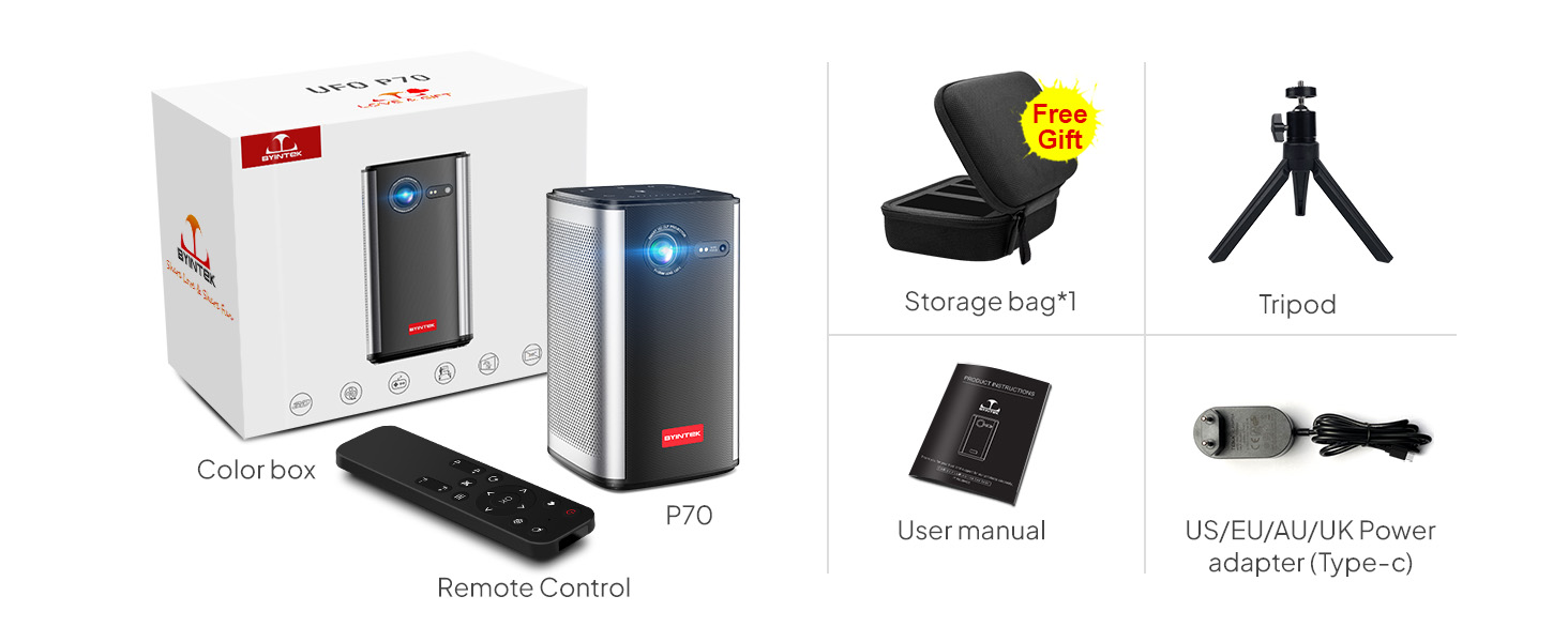 BYINTEK P70 Mini 3D проектор: портативний LED проектор з Wi-Fi, Android 9.0, підтримка 1080P/4K, акумулятор, сумка та штатив (сірий)