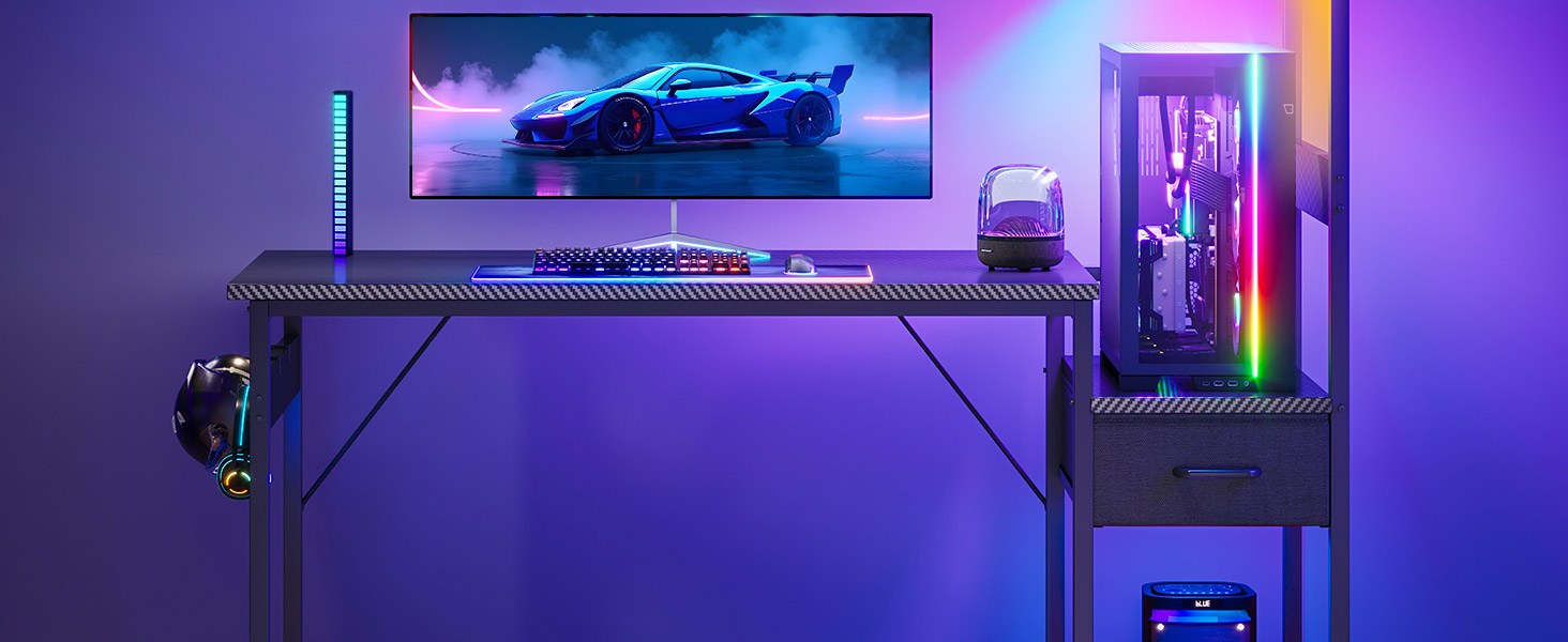 Ігровий стіл Coleshome з LED підсвіткою 120x48 см, чорний карбон: стіл для комп'ютера з шухлядами та полицею, тримачем для навушників