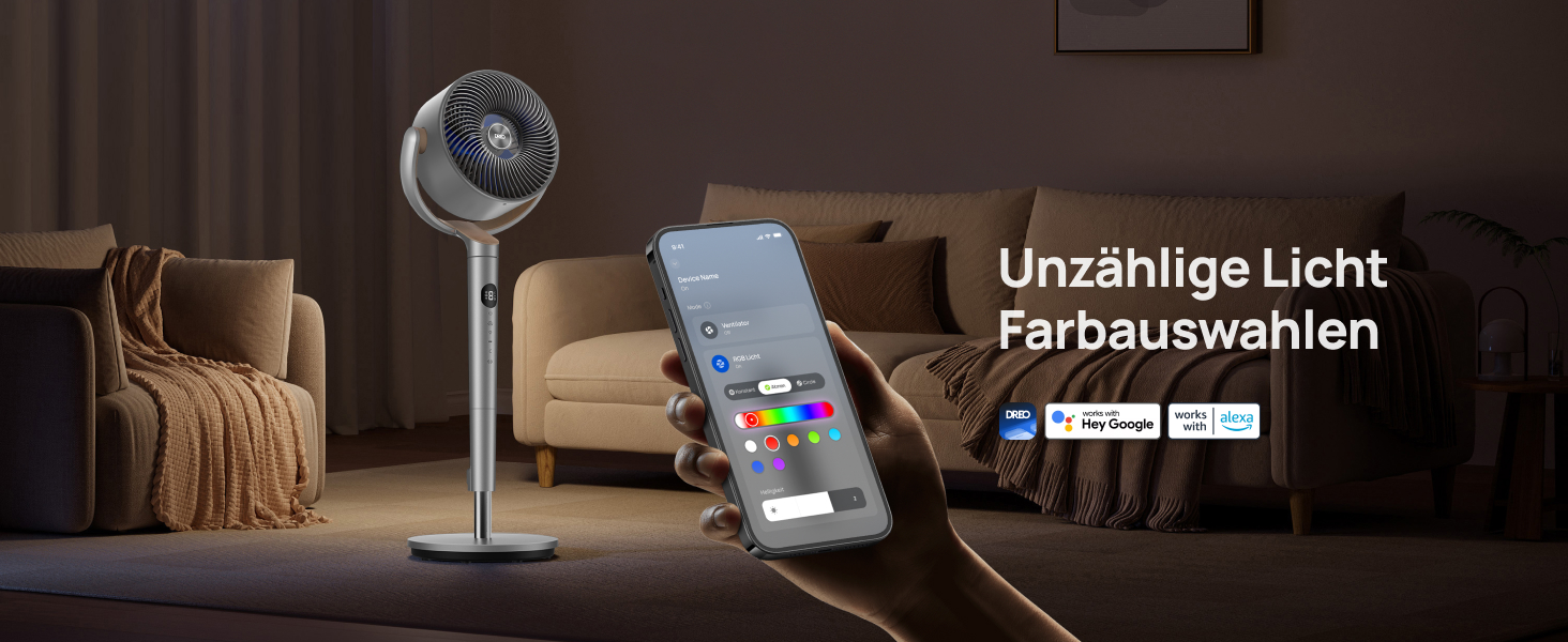 Вентилятор підлоговий Dreo з Wi-Fi та LED, 102 см, 8 швидкостей, 3 режими, тихий 20dB, велика потужність, срібний