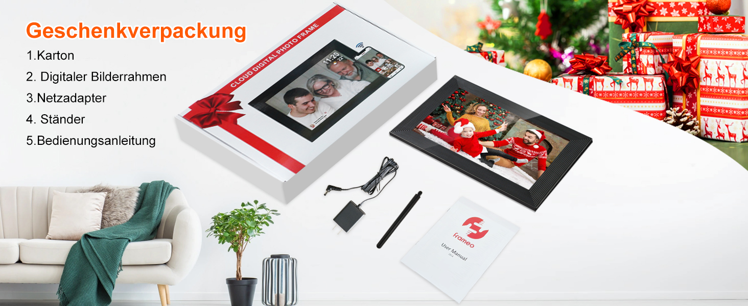 Цифровий фоторамка Frameo WLAN, 10.1 дюйми, LCD сенсорний екран 1280x800, 32GB, автоматичне обертання, підключення Wi-Fi, сумісний з додатком Frameo