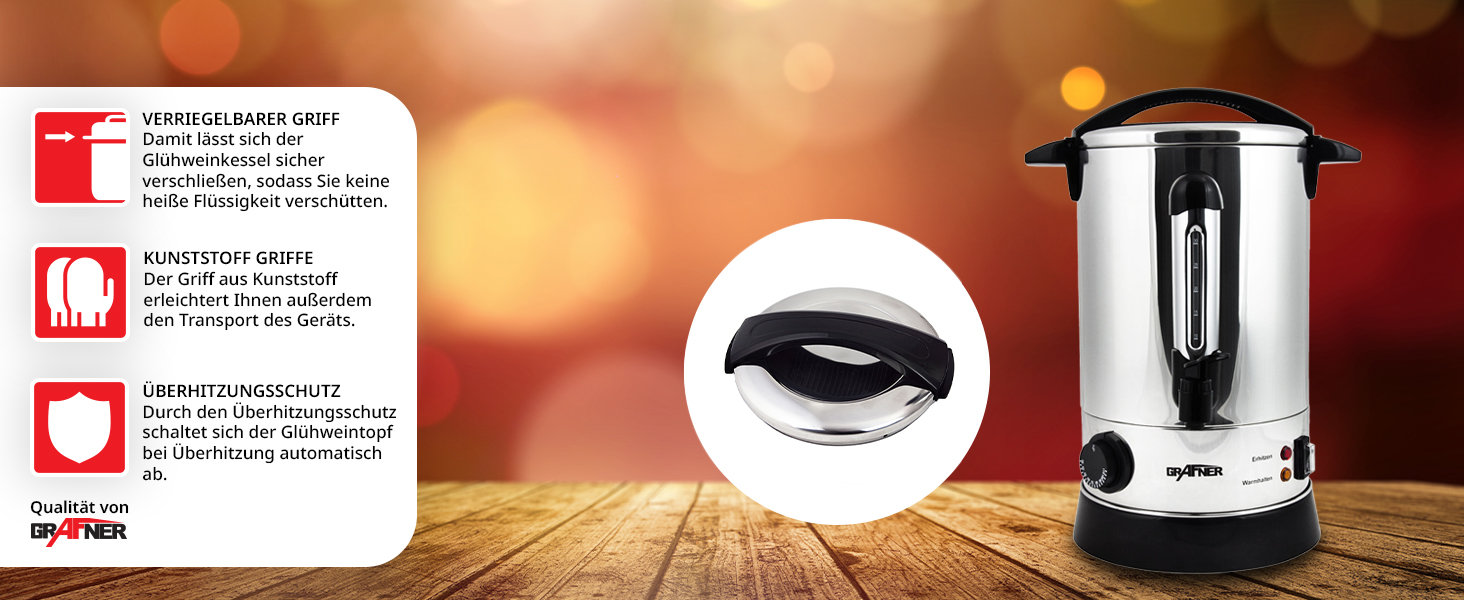 Електричний диспенсер для глінтвейну Grafner XL з нержавіючої сталі, 8,8 л, 1500 Вт, з краном, термостатом та захистом від перегріву