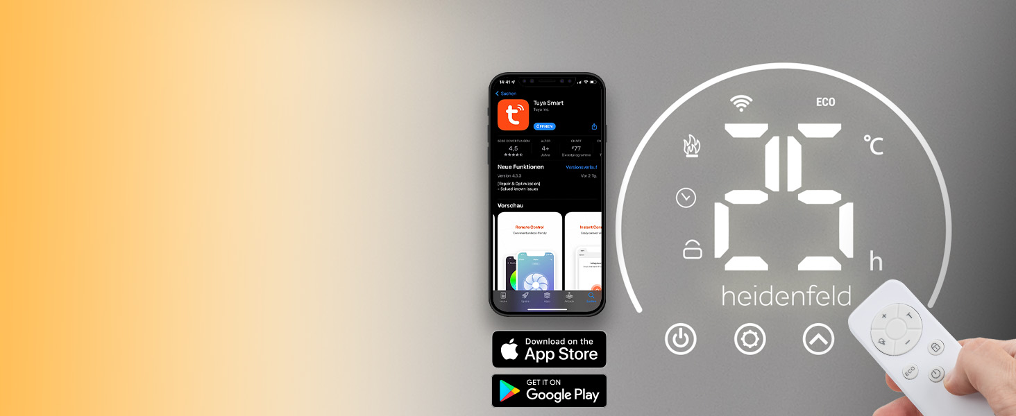 Інфрачервовий обігрівач Heidenfeld HF-HP140 | 300 Вт | 10 м² | 3-в-1: Керування через додаток, пульт, сенсорна панель | Модель HF-HP140
