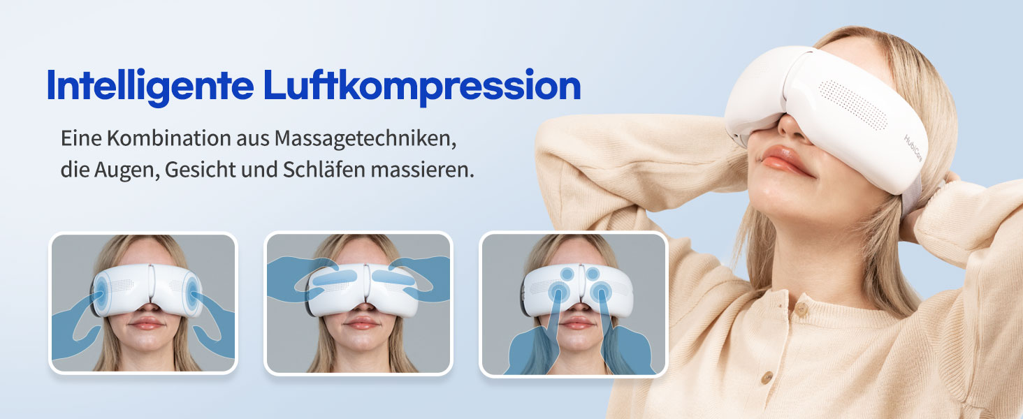 Масажер для очей HubiCare з підігрівом та охолодженням, компресією та вібрацією, Bluetooth, для зняття мігрені та сухості очей