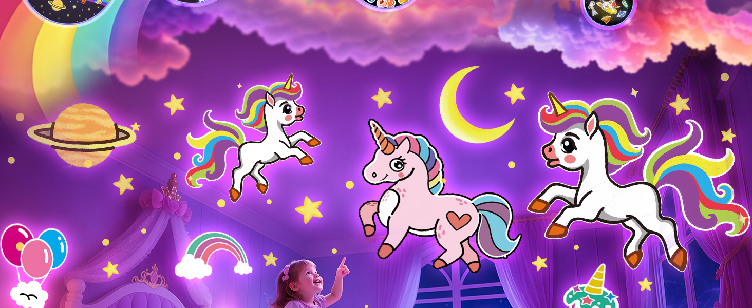 Дитячий нічник-проектор One Fire у формі єдинорога: 15 фільмів, 15 варіантів білого шуму, дистанційне керування, акумулятор 1200mAh, обертання 360°, подарунок для дівчаток 3-12 років