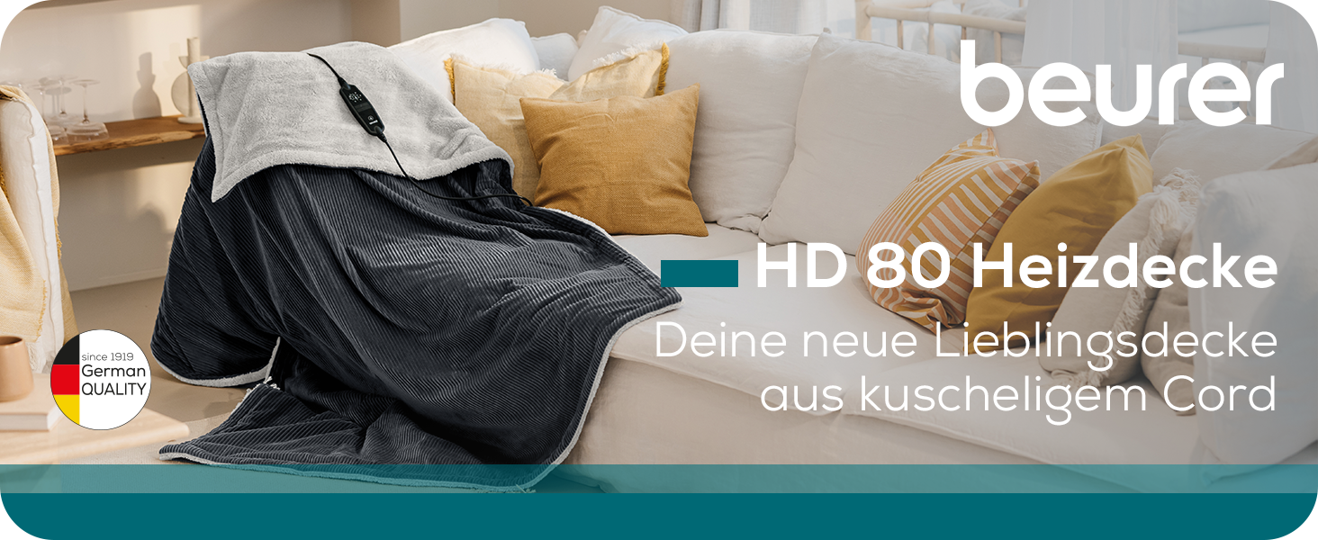 Електрична ковдра Beurer HD 80 Cord beige - тепла та затишна ковдра з 6 рівнями нагріву, функцією автовимкнення та системою безпеки, з м'якого корду