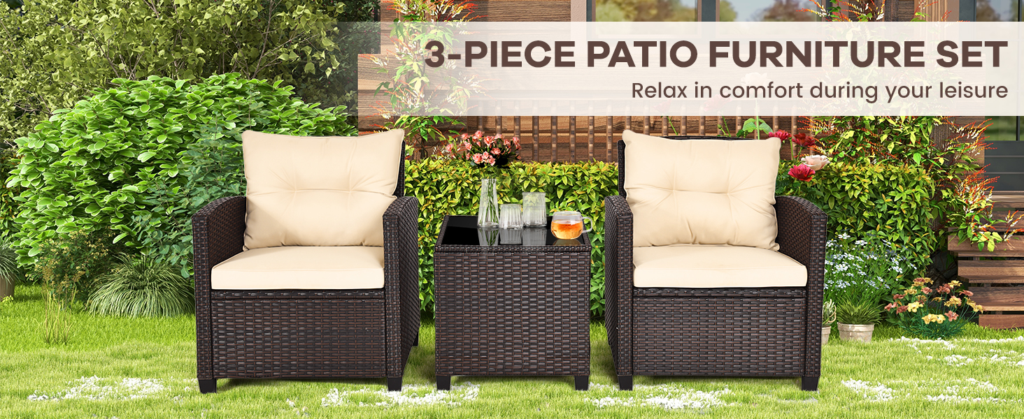 Набір садових меблів LIFEZEAL 3 предмети: 2 крісла та стіл з ротангу PE, чорний. Садовий комплект для тераси, балкона, саду з подушками